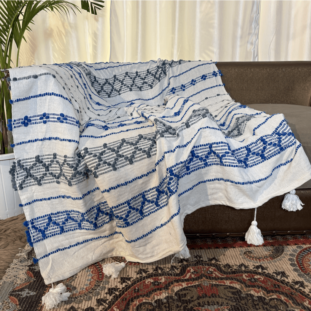 Royal Blue Geometric Tufted Sofa Throw