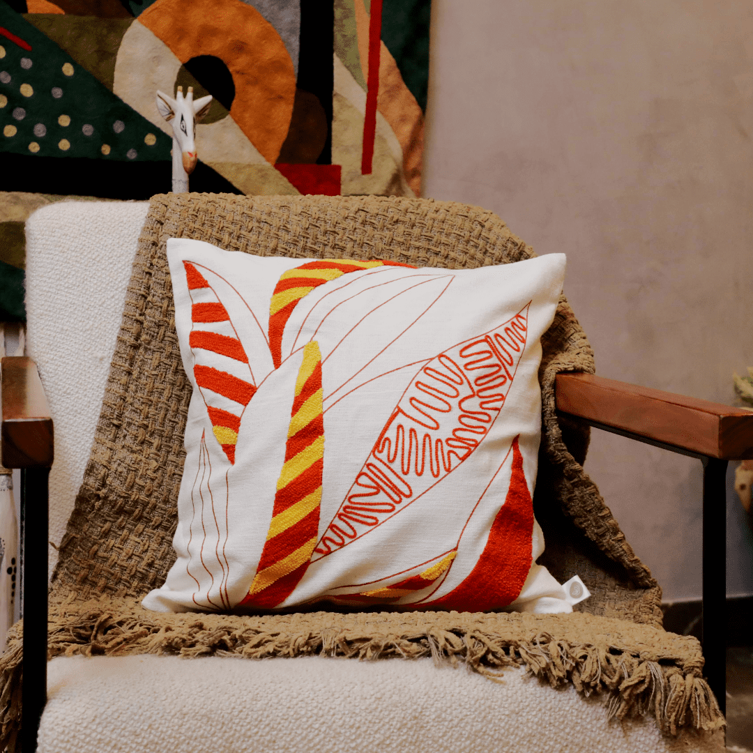 Tropical Leaf Embroidered Cushion Cover