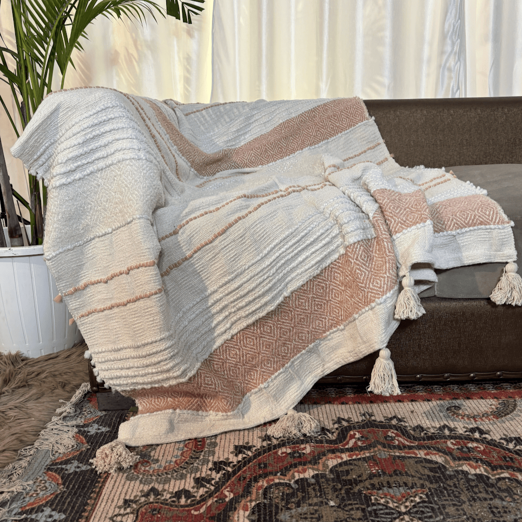 Woven Textured Ivory Sofa Throw