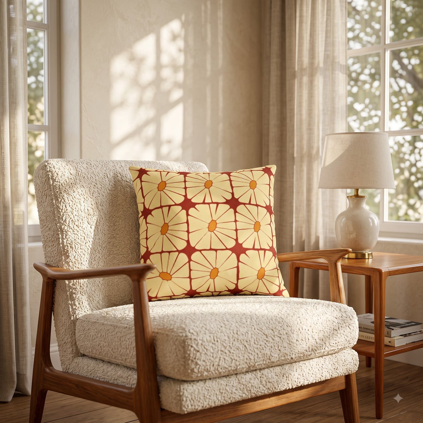Sunbeam Grid Bloom floral cushion cover by Lushlyf on a cream armchair