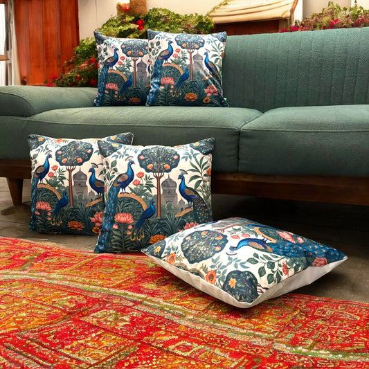 Peacock Garden Velvet Cushion Cover - Set of 5