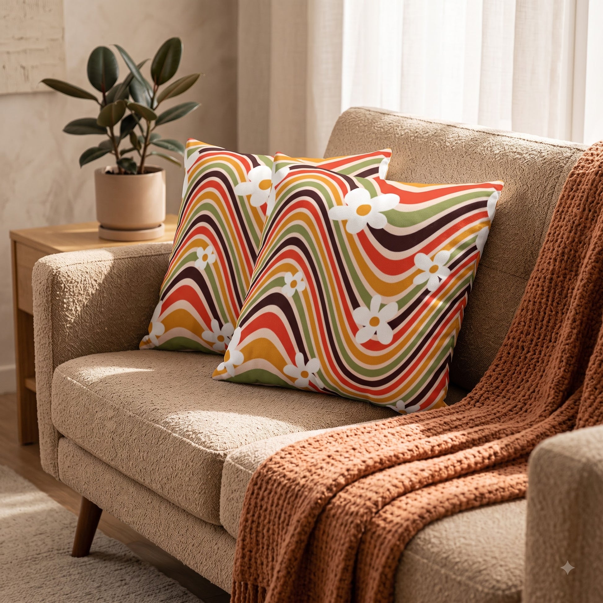 Blooming Wave Drift cushion covers styled with an earthy brown sofa throw