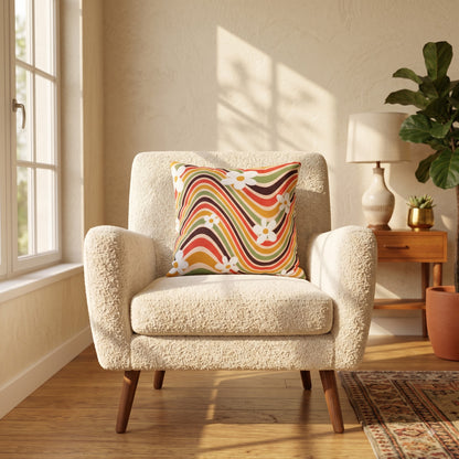 Retro floral wave cushion cover styled on a cream armchair