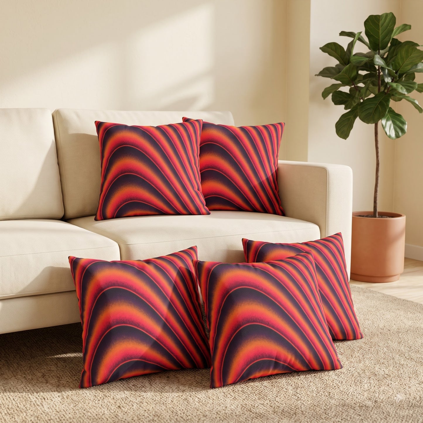 Five Crimson Dune Flow cushion covers styled in a modern living room
