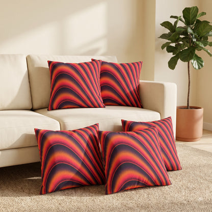 Five Crimson Dune Flow cushion covers styled in a modern living room