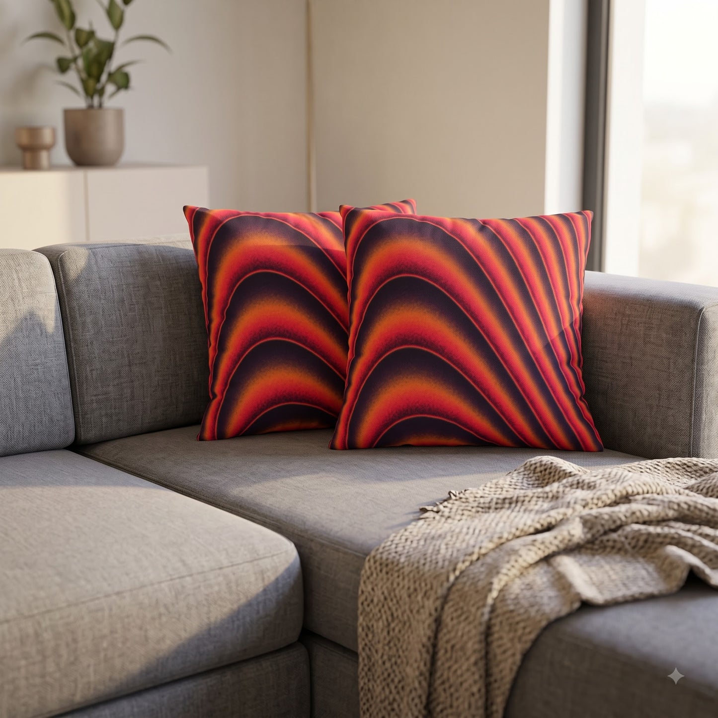 Crimson Dune Flow cushion covers styled on a grey sofa with a textured throw