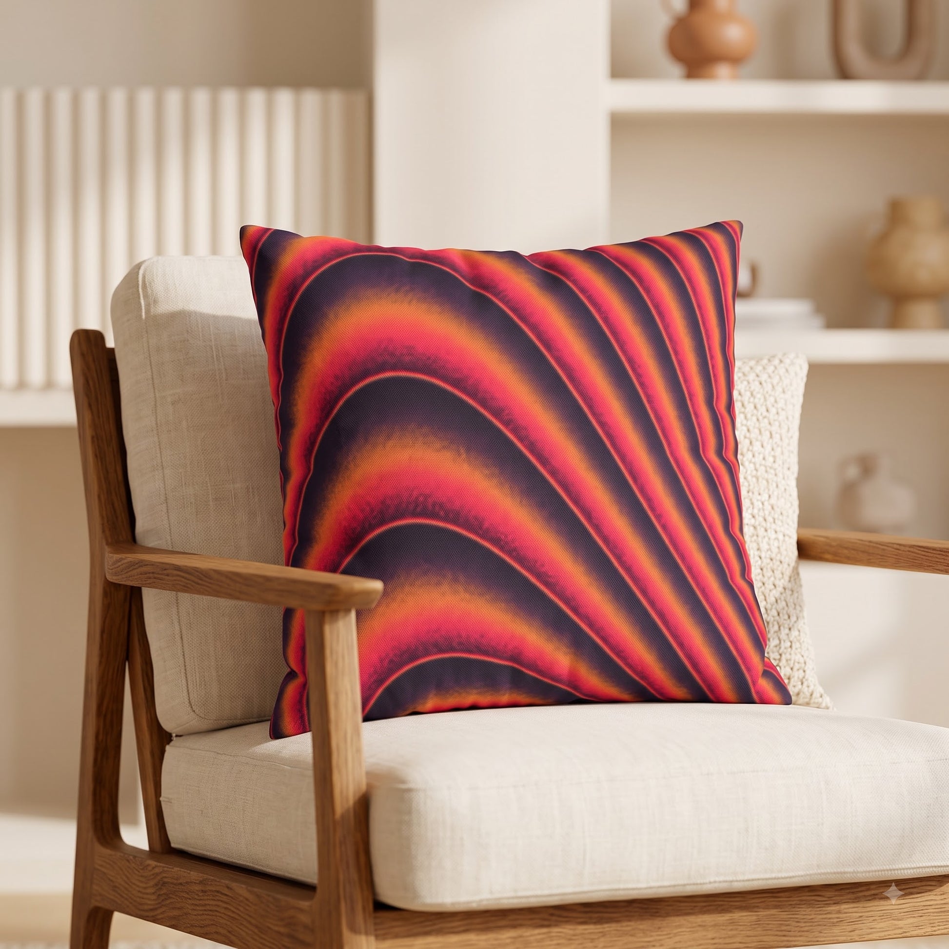 Crimson Dune Flow cushion cover by Lushlyf styled on a cream accent chair