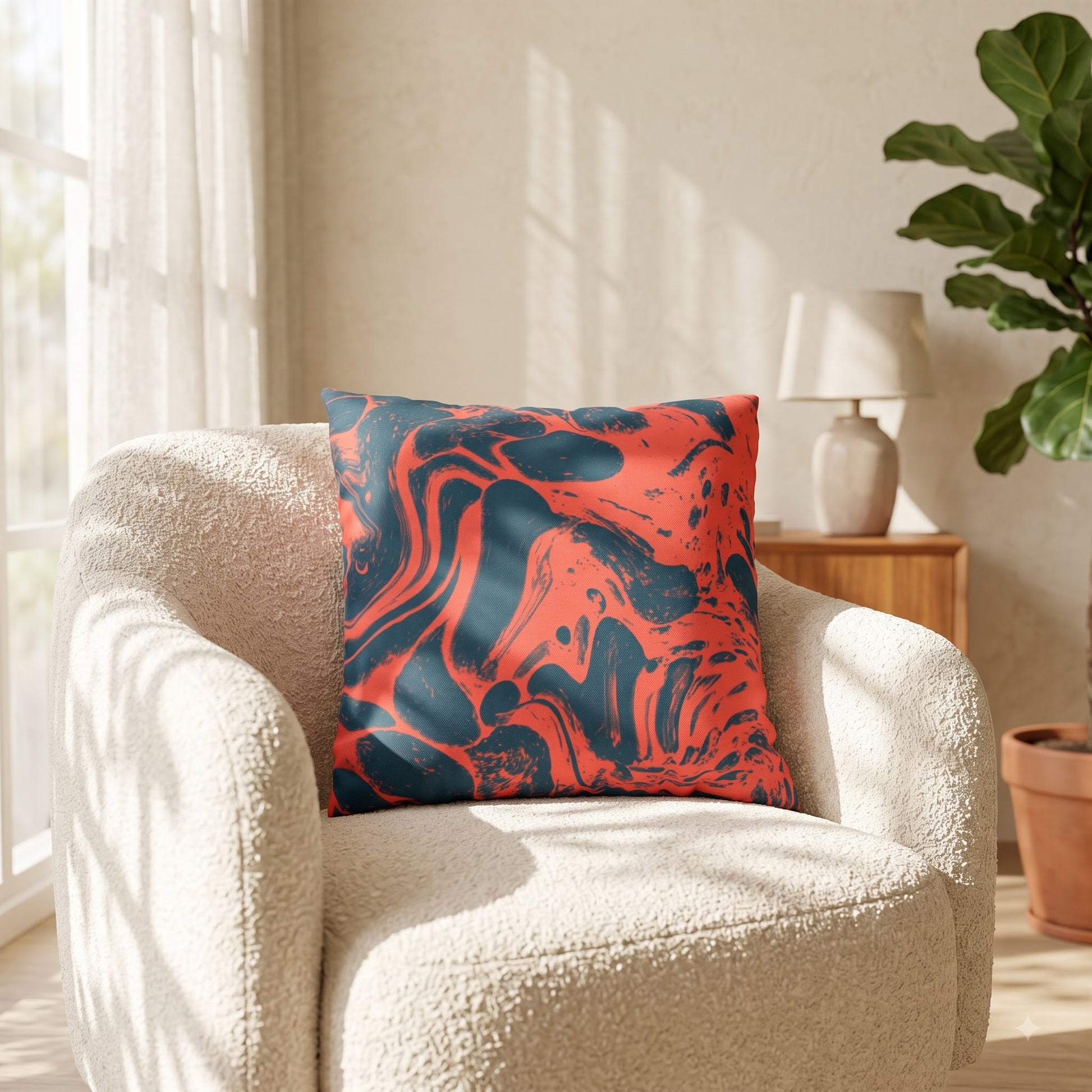 Molten Tide abstract cushion cover by Lushlyf on a cream lounge chair