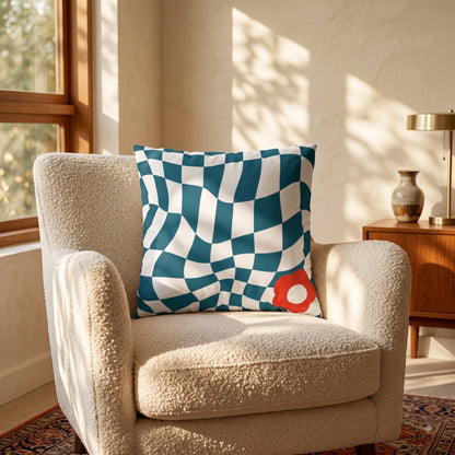 Ripple Chequered Spill cushion cover by Lushlyf on a cream armchair