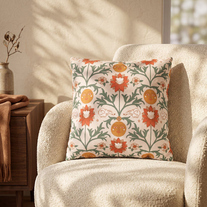 Sun Garden Folk botanical cushion cover by Lushlyf on a cream armchair