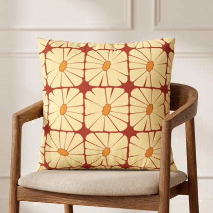 Sunbeam Grid Bloom floral grid cushion cover styled on a wooden accent chair