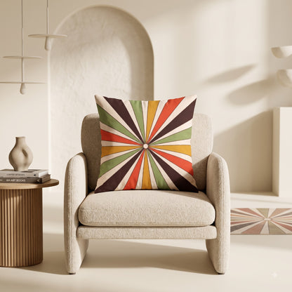 Sunray Pop retro sunburst cushion cover by Lushlyf on a cream lounge chair