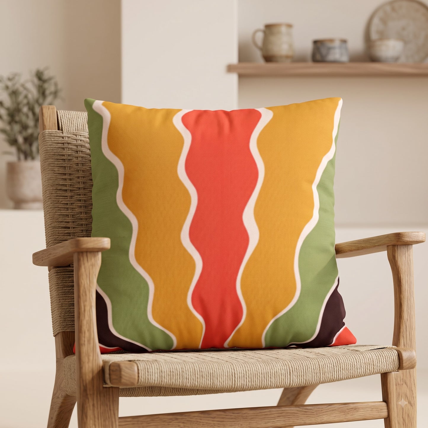 Sunset Ripple Flow cushion cover by Lushlyf styled on a cream armchair