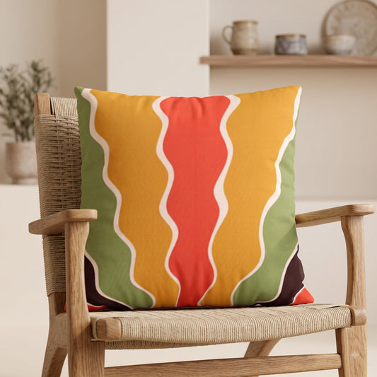 Sunset Ripple Flow cushion cover by Lushlyf styled on a cream armchair