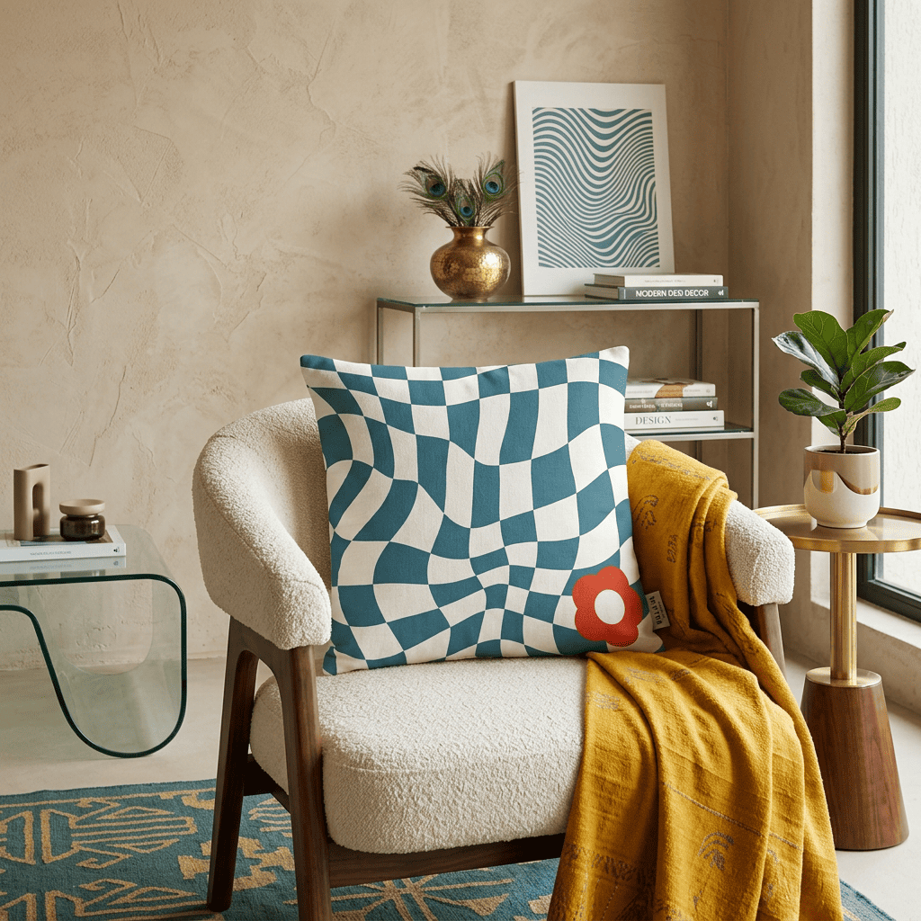 Ripple Chequered Spill Velvet Cushion Cover