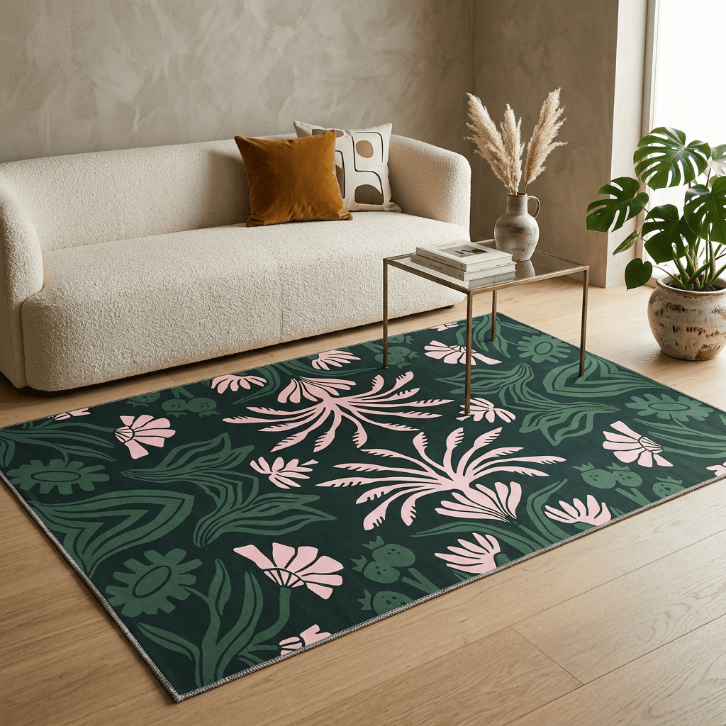 Midnight Blossom Symphony Botanical Rug