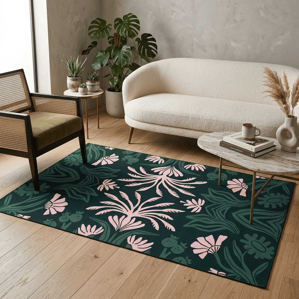 Midnight Blossom Symphony Botanical Rug