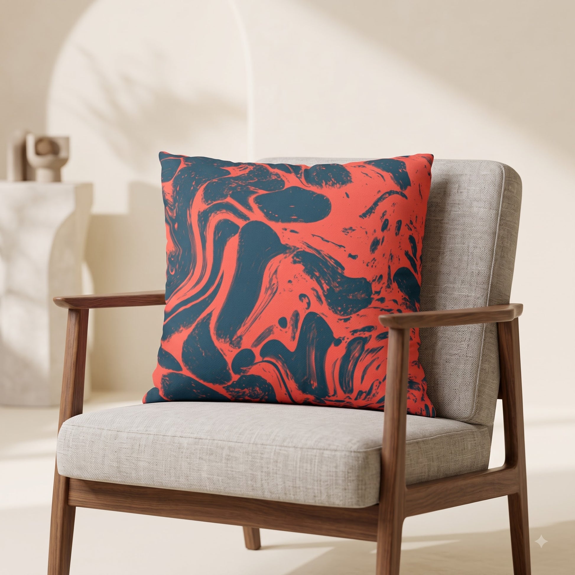 Molten Tide abstract cushion cover by Lushlyf on a cream lounge chair