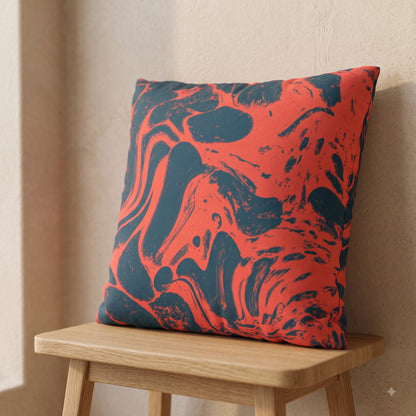 Molten Tide coral and deep teal abstract cushion cover on a wooden stool