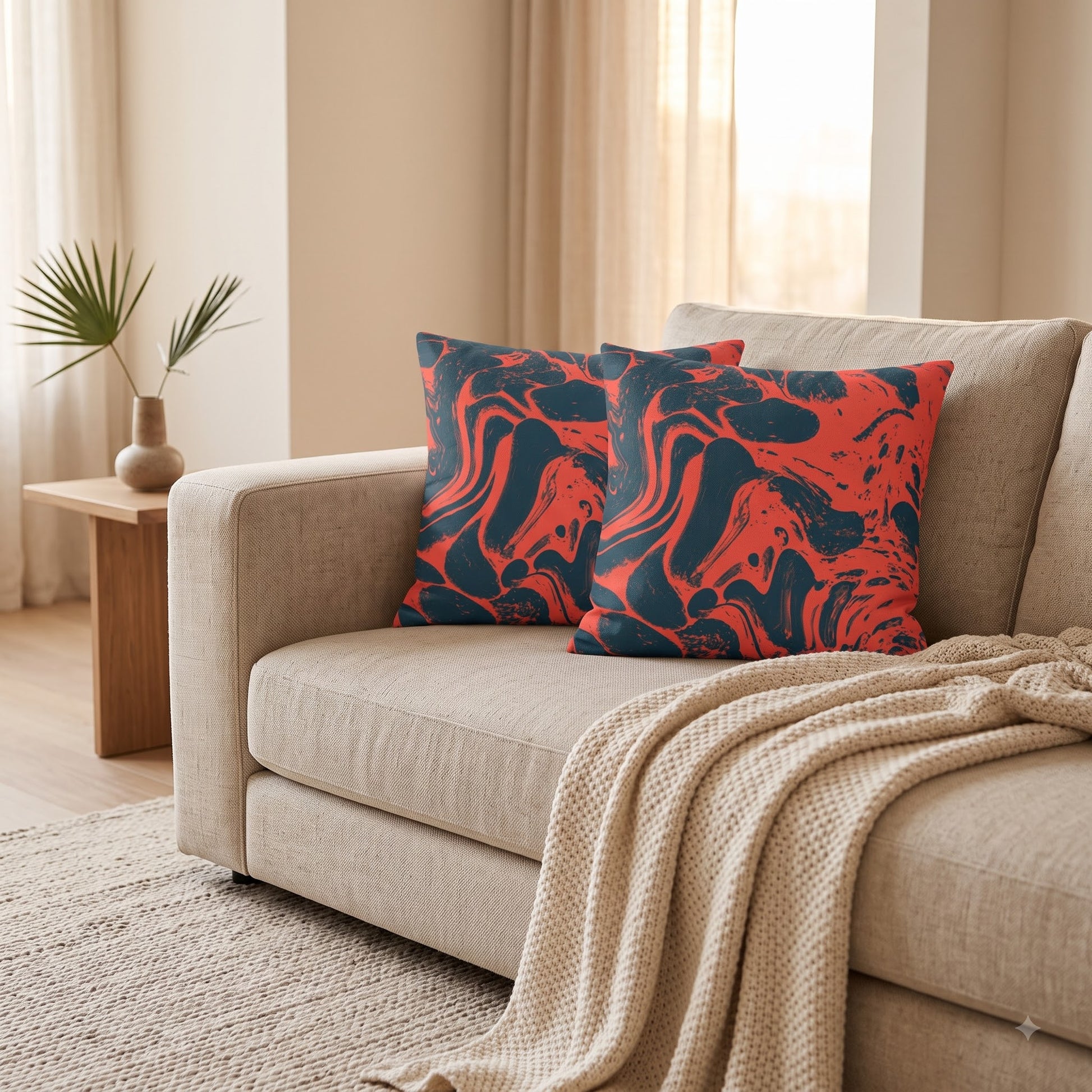 Molten Tide abstract cushion covers styled on a neutral sofa with a knitted throw