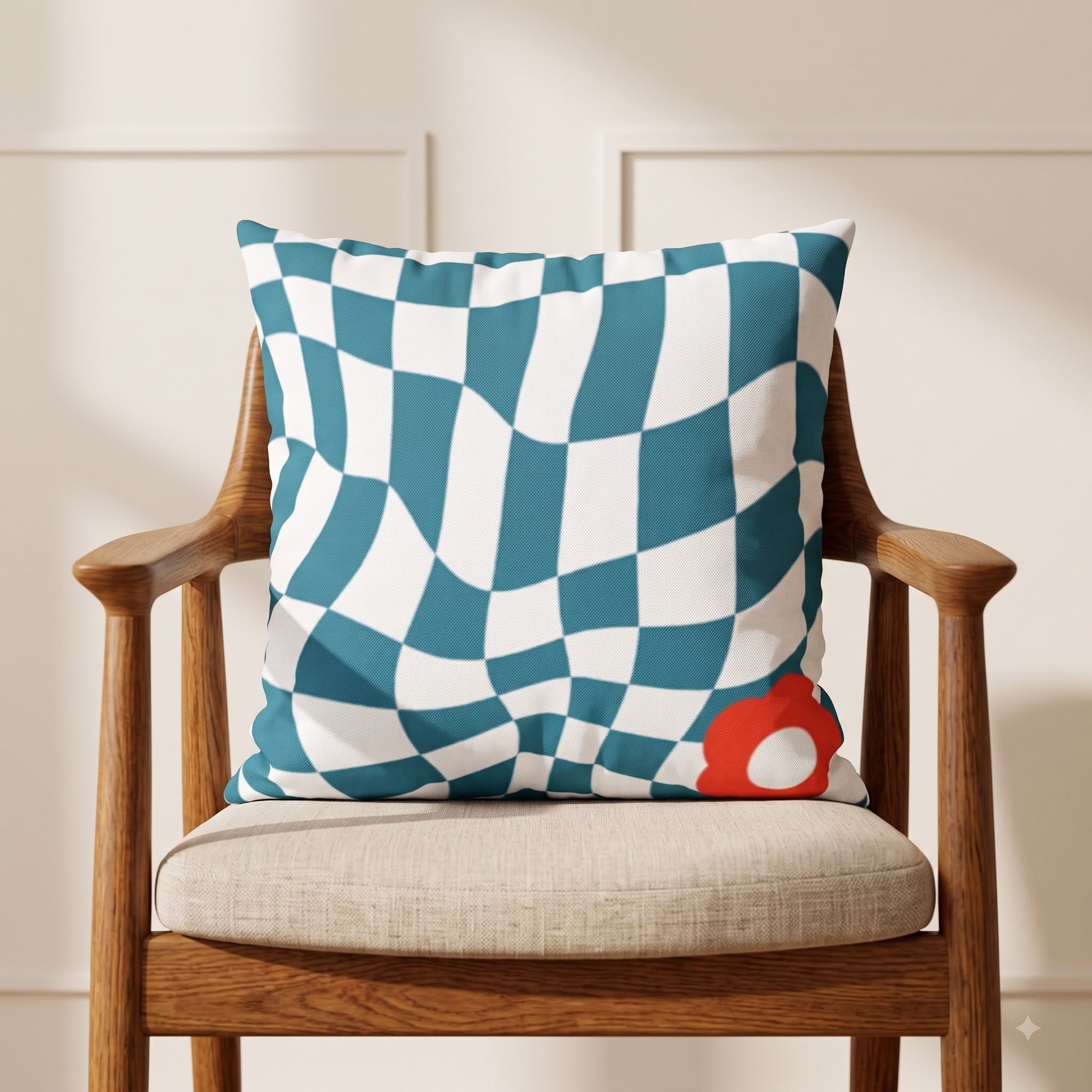Ripple Chequered Spill checkerboard cushion cover styled on a wooden accent chair