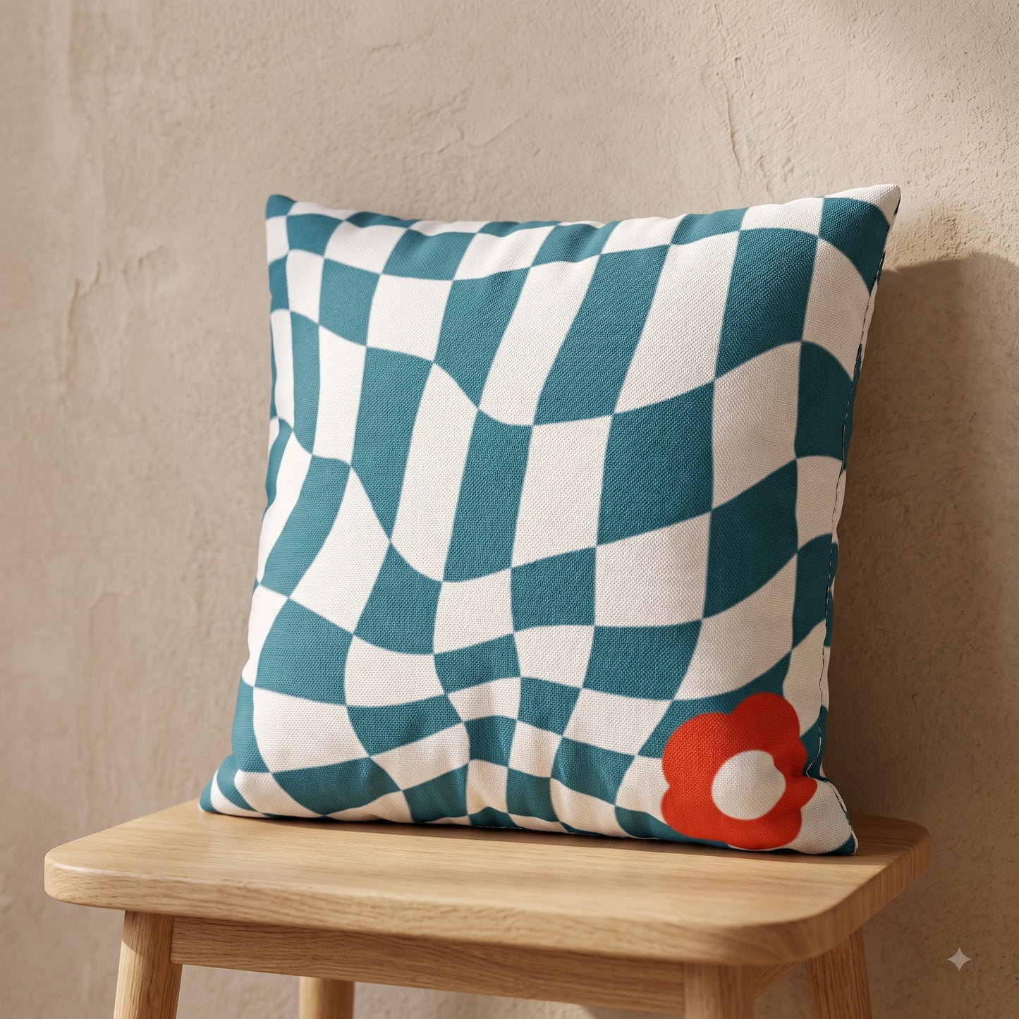 Ripple Chequered Spill cushion cover with teal checkerboard pattern and coral flower