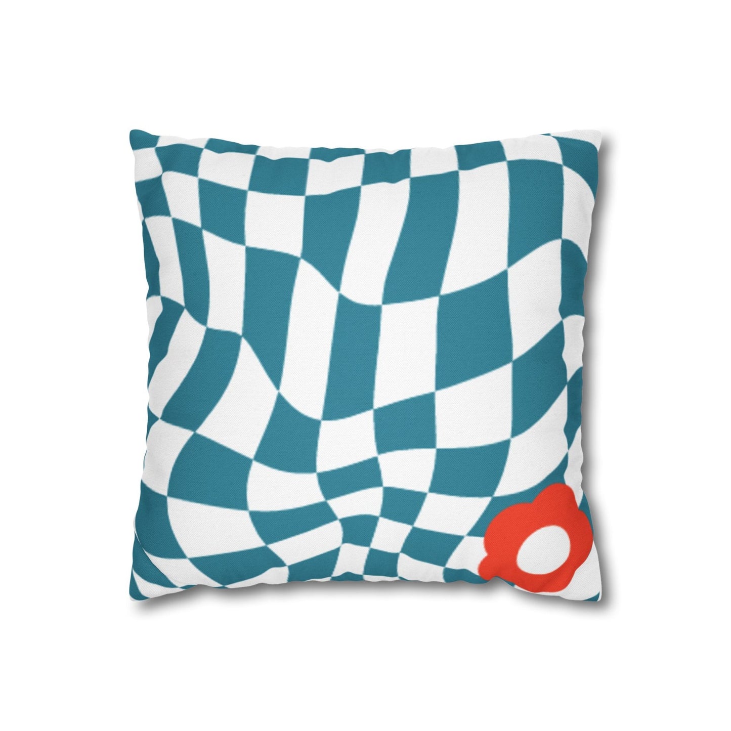 Ripple Chequered Spill teal and white checkerboard cushion cover on a white background