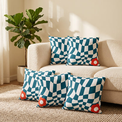 Five Ripple Chequered Spill cushion covers styled in a modern living room