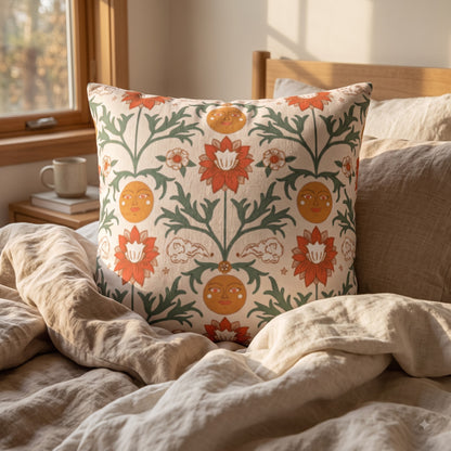 Sun Garden Folk botanical cushion cover styled on a neutral bed