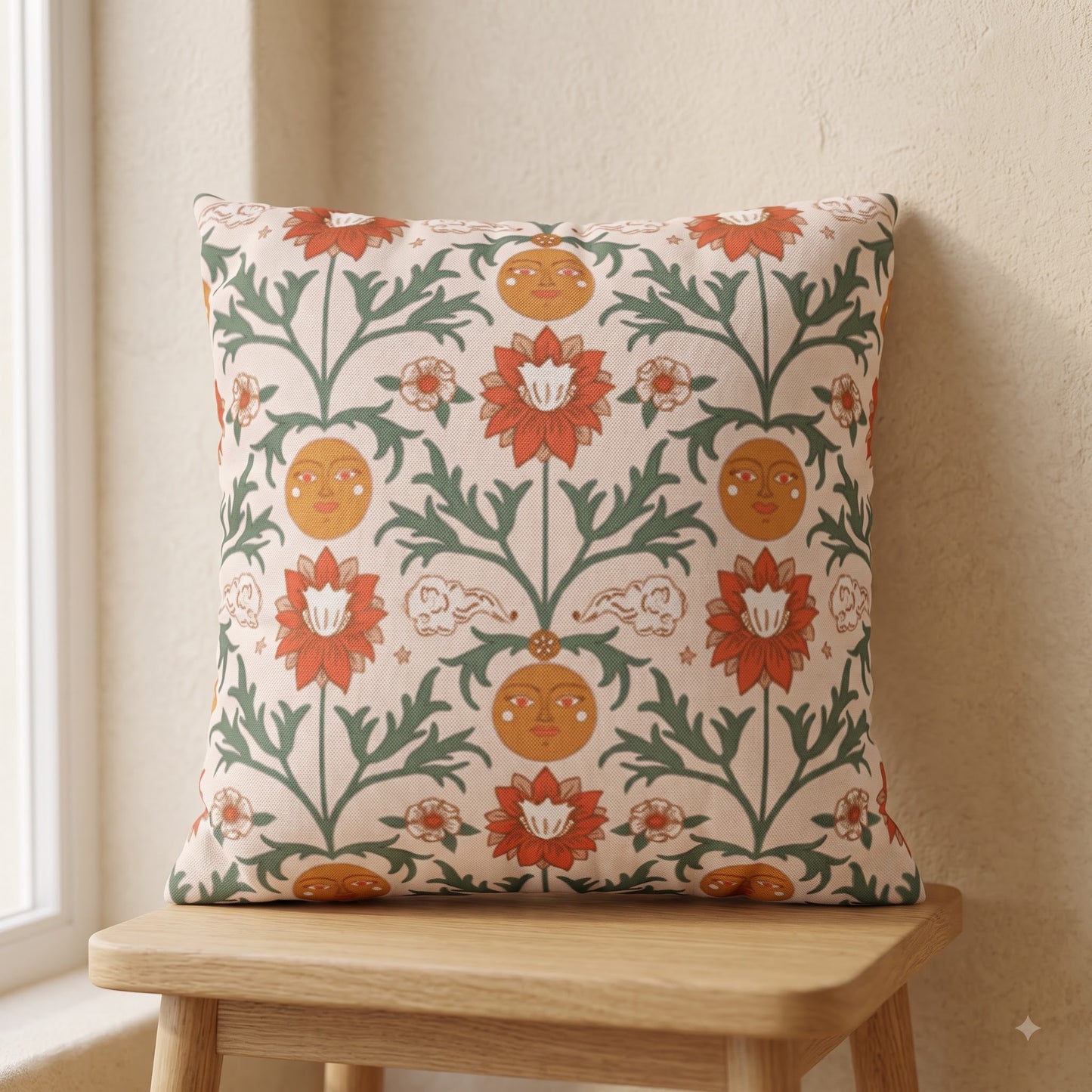 Sun Garden Folk cushion cover with sun faces flowers and green botanical vines