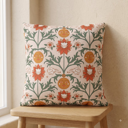 Sun Garden Folk cushion cover with sun faces flowers and green botanical vines