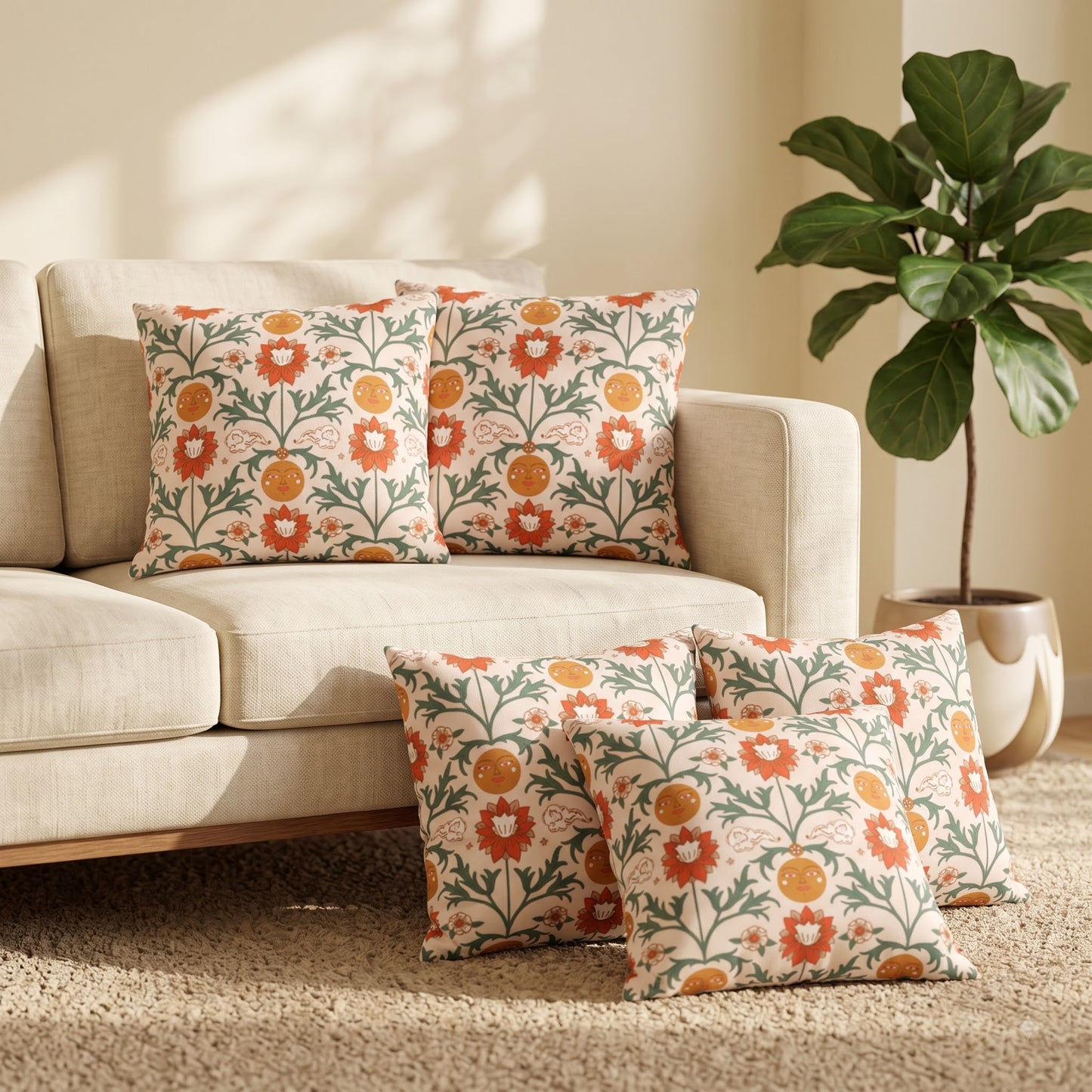 Five Sun Garden Folk cushion covers styled in a warm modern living room
