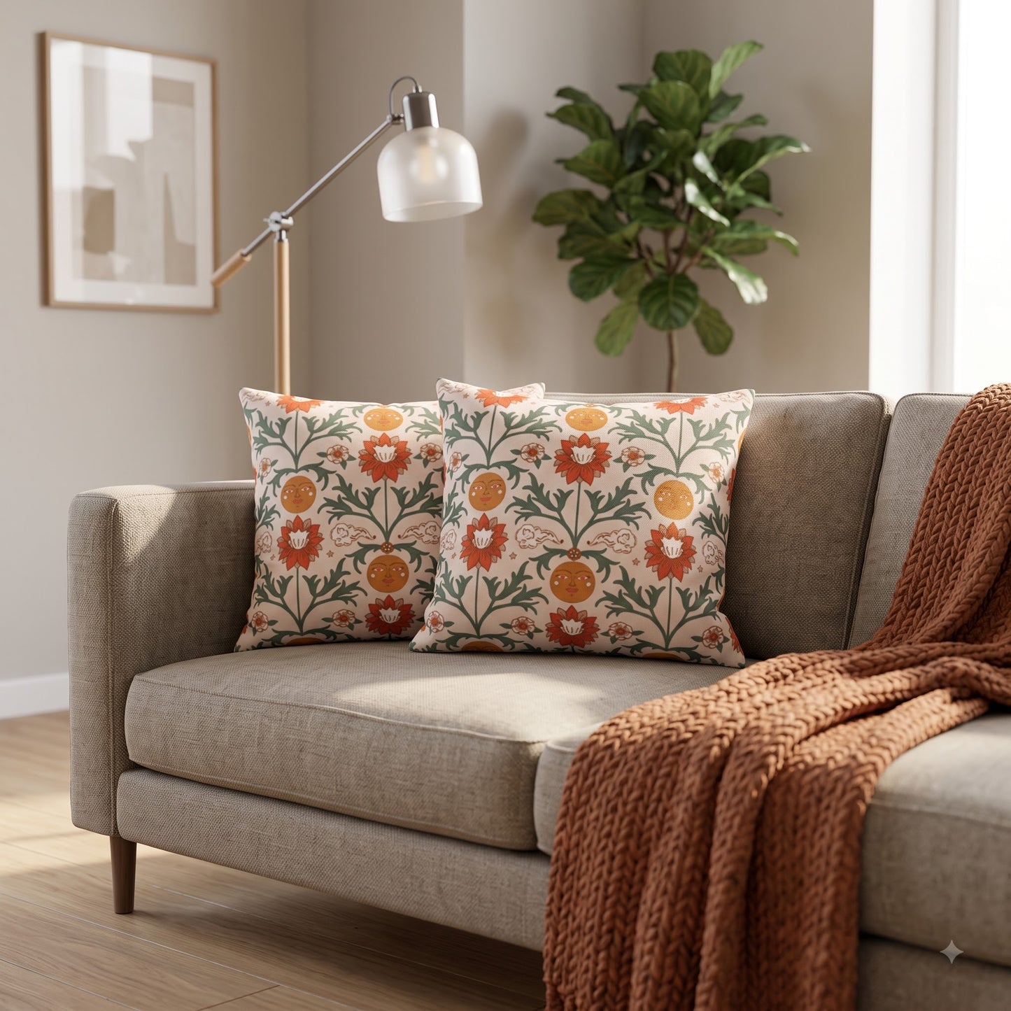 Sun Garden Folk botanical cushion covers styled on a neutral sofa with a brown throw