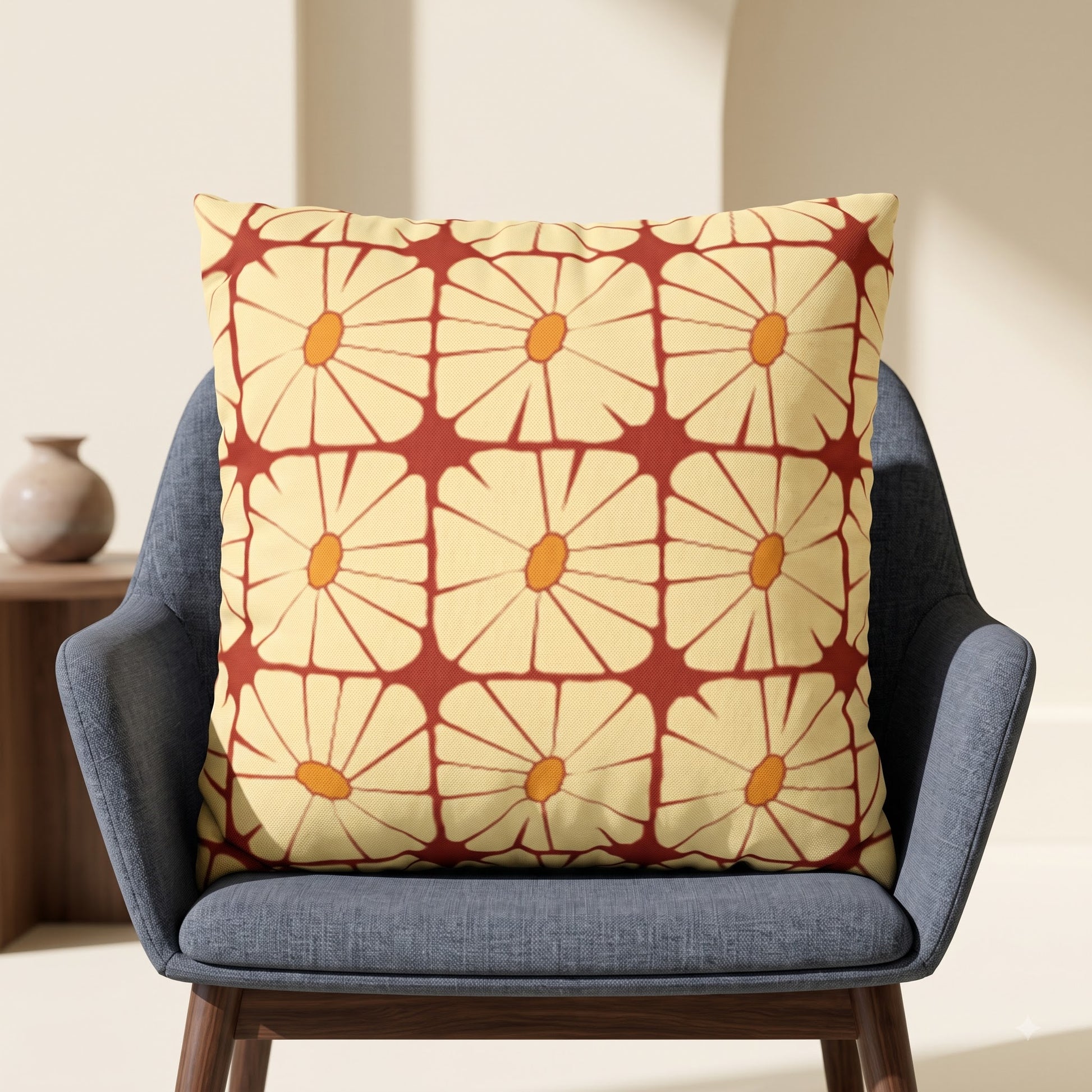 Sunbeam Grid Bloom geometric floral cushion cover styled on a blue lounge chair