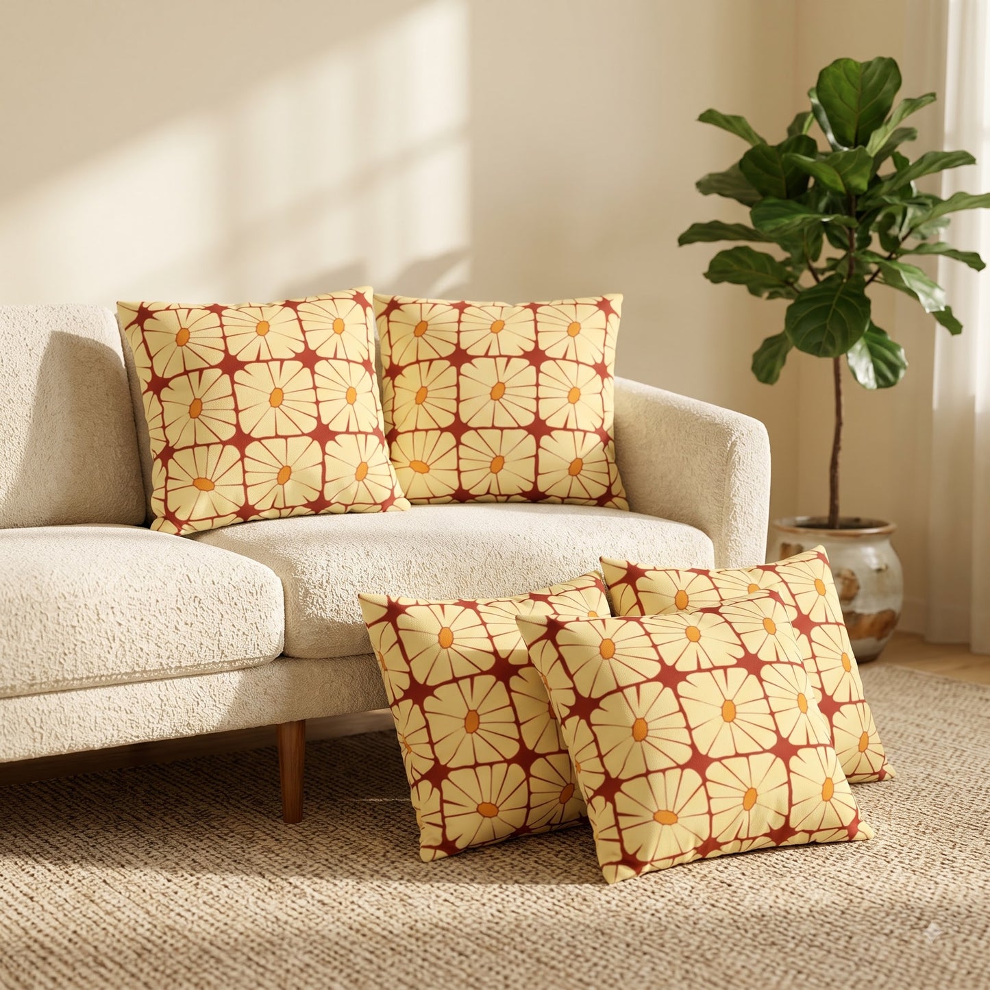 Sunbeam Grid Bloom floral cushion covers styled in a warm modern living room