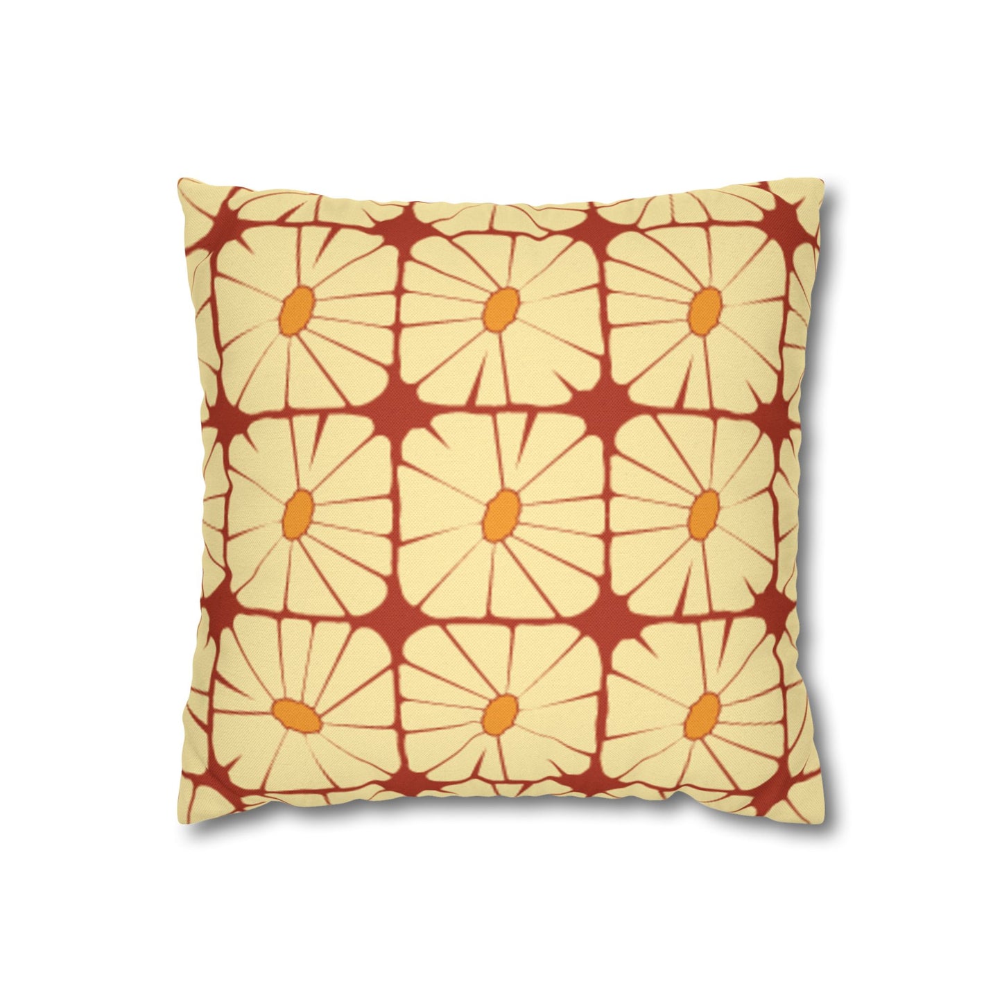 Sunbeam Grid Bloom yellow and terracotta floral cushion cover on a white background