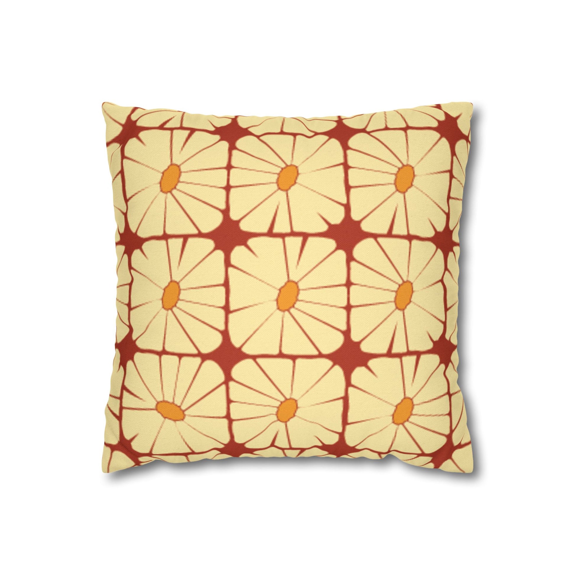 Sunbeam Grid Bloom yellow and terracotta floral cushion cover on a white background