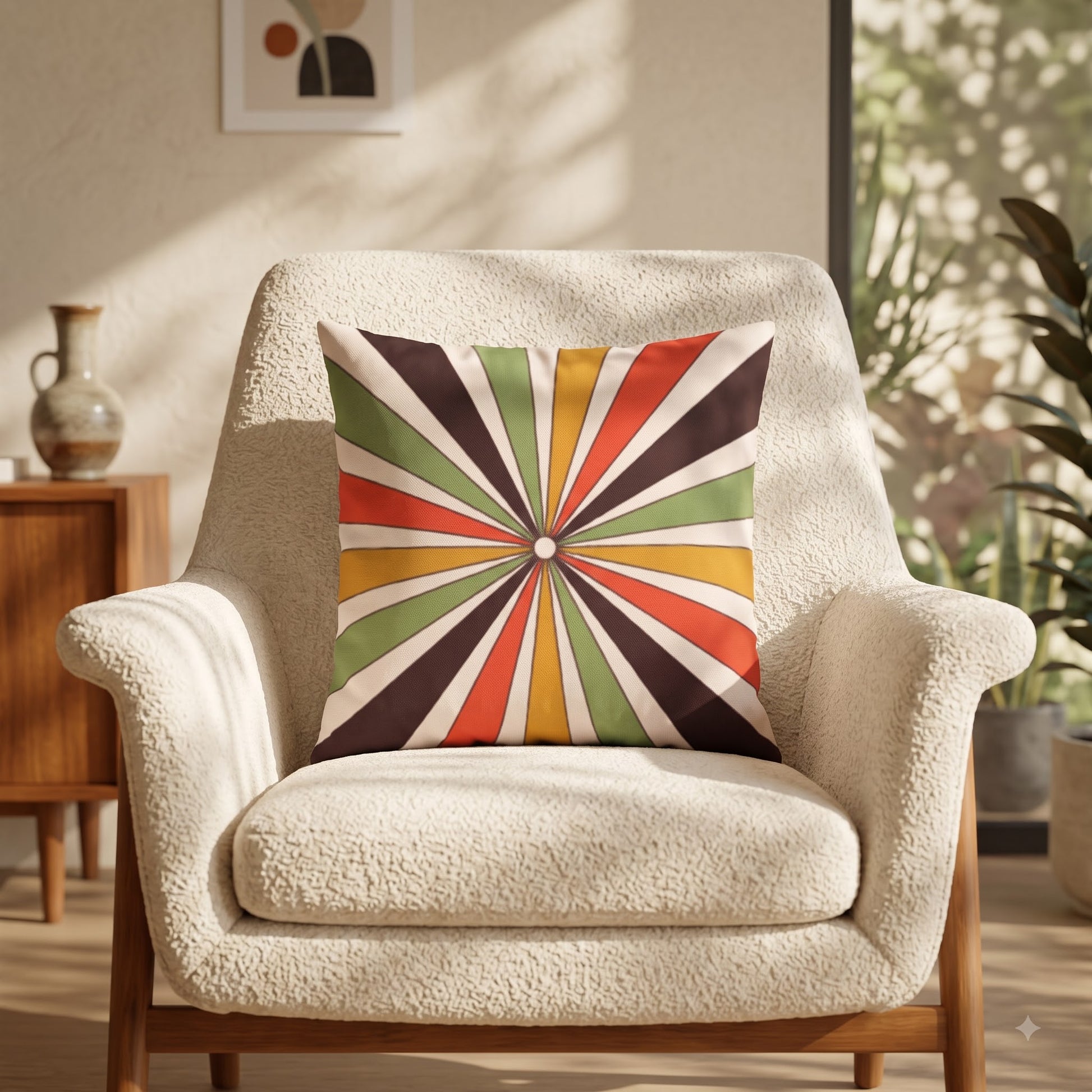 Sunray Pop retro geometric cushion cover styled on a cream armchair