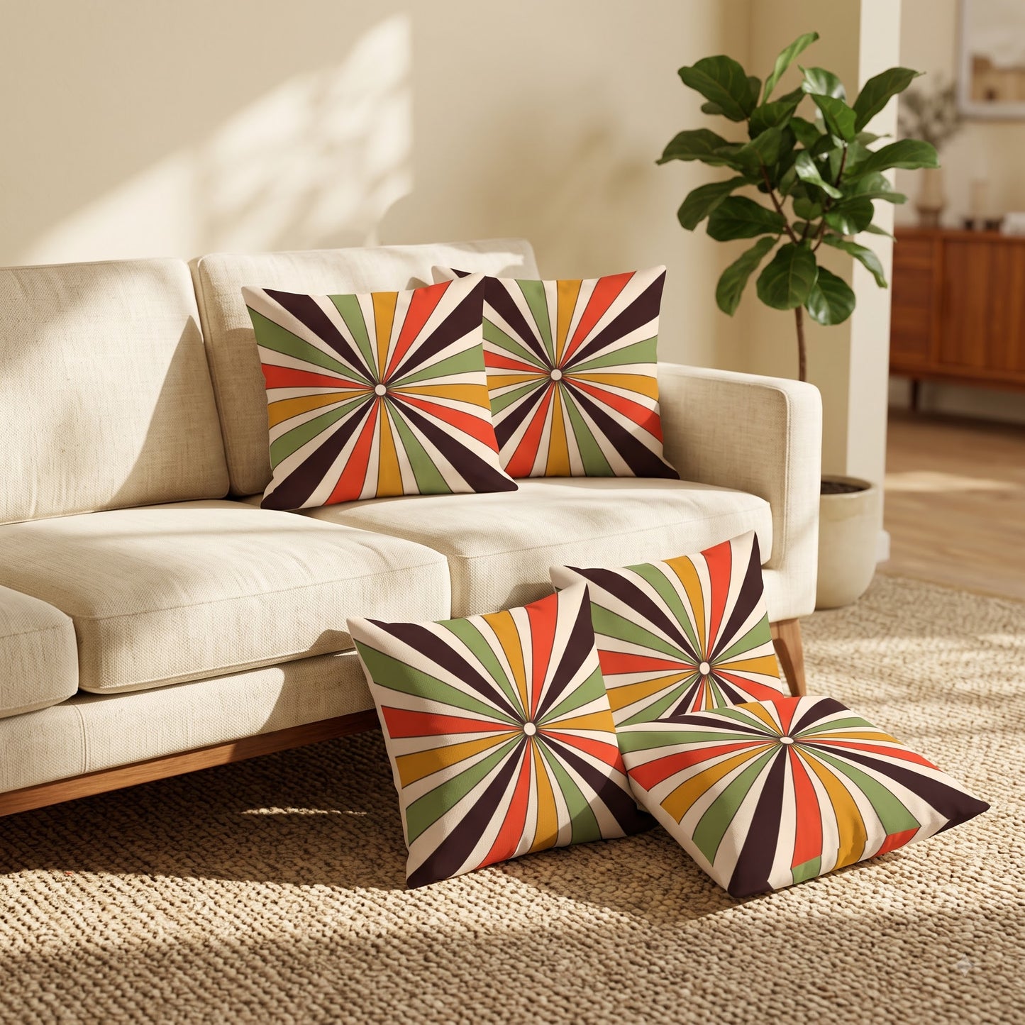 Sunray Pop retro cushion covers styled in a warm modern living room
