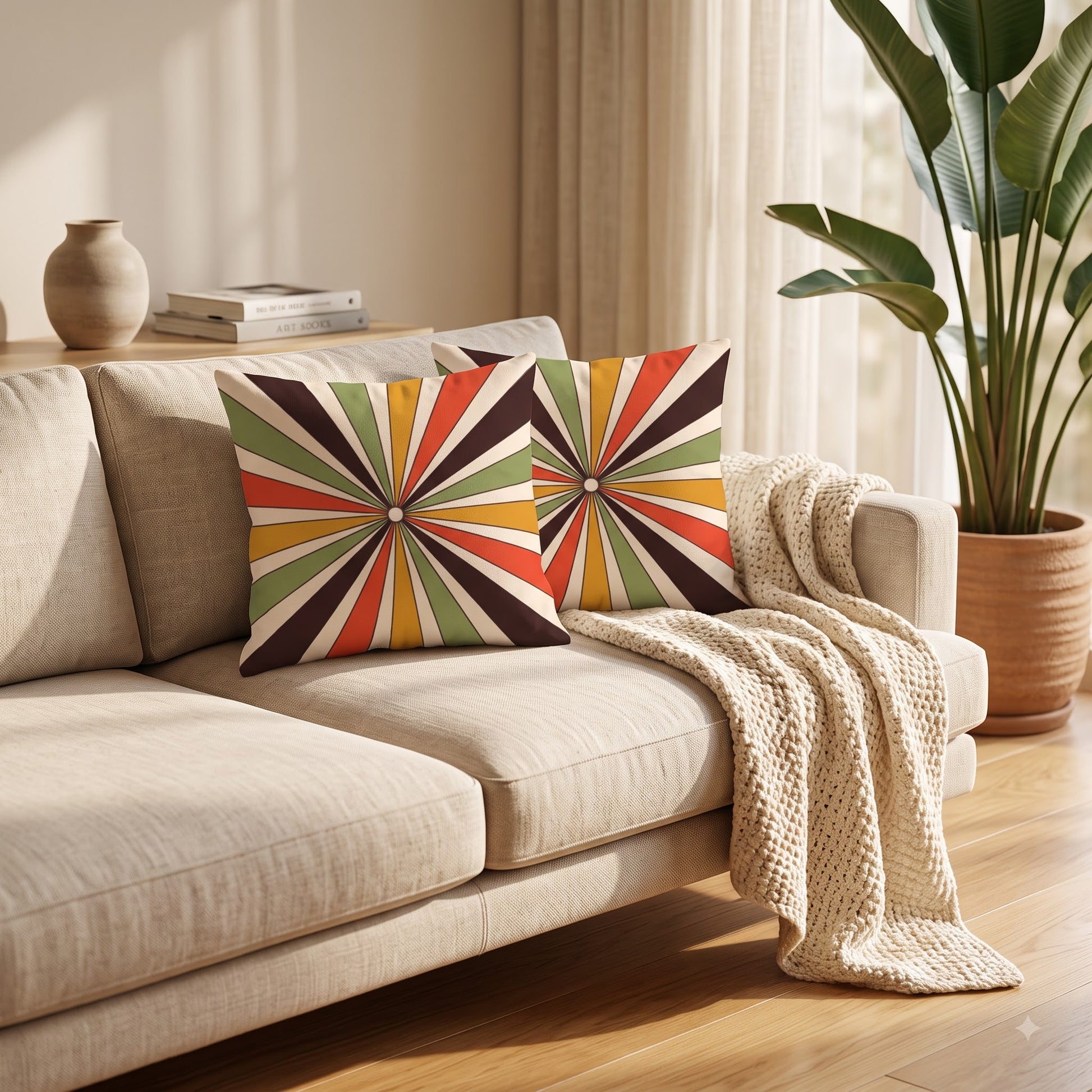 Sunray Pop sunburst cushion covers styled on a neutral sofa with a cream throw