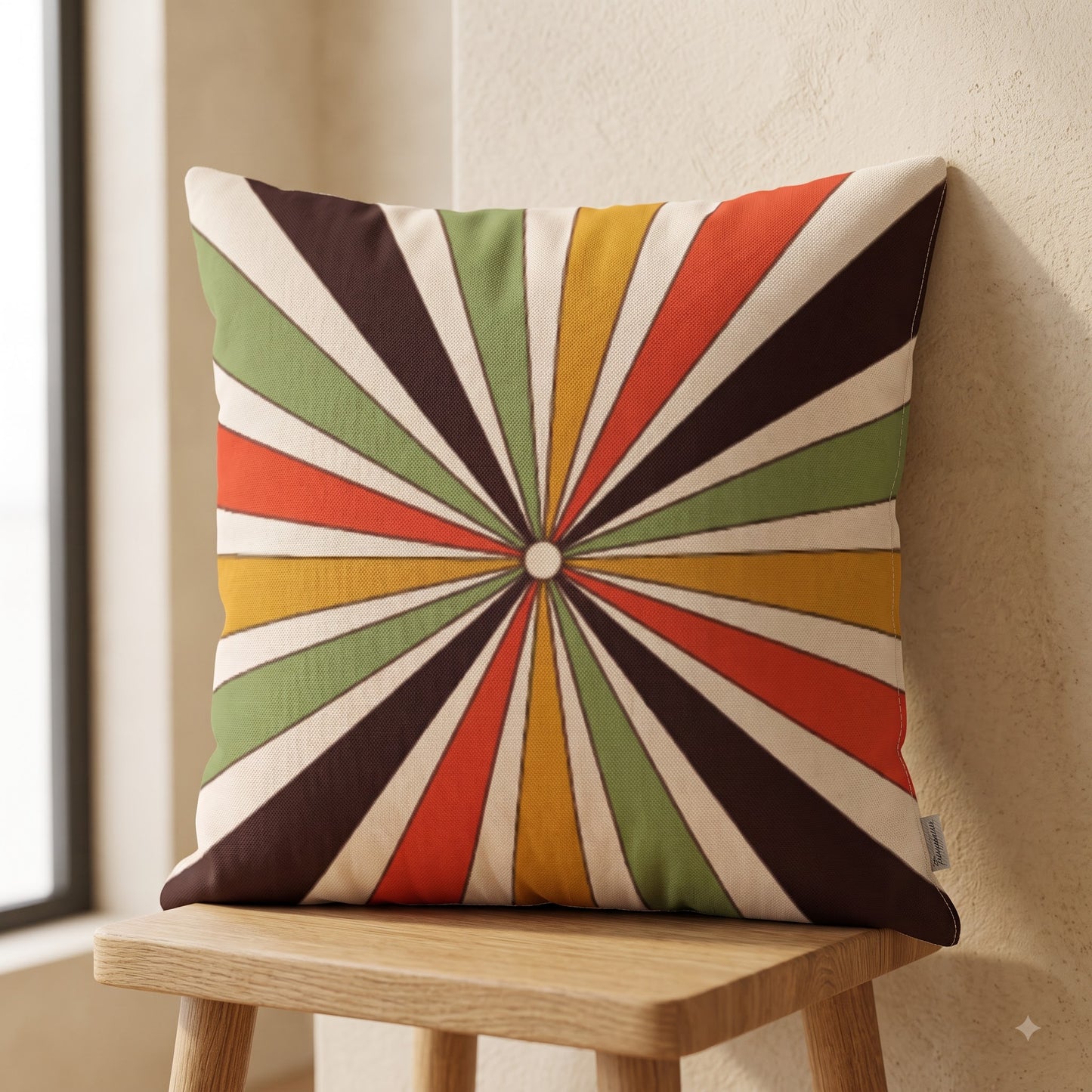Sunray Pop geometric cushion cover with mustard green coral and brown sunburst pattern