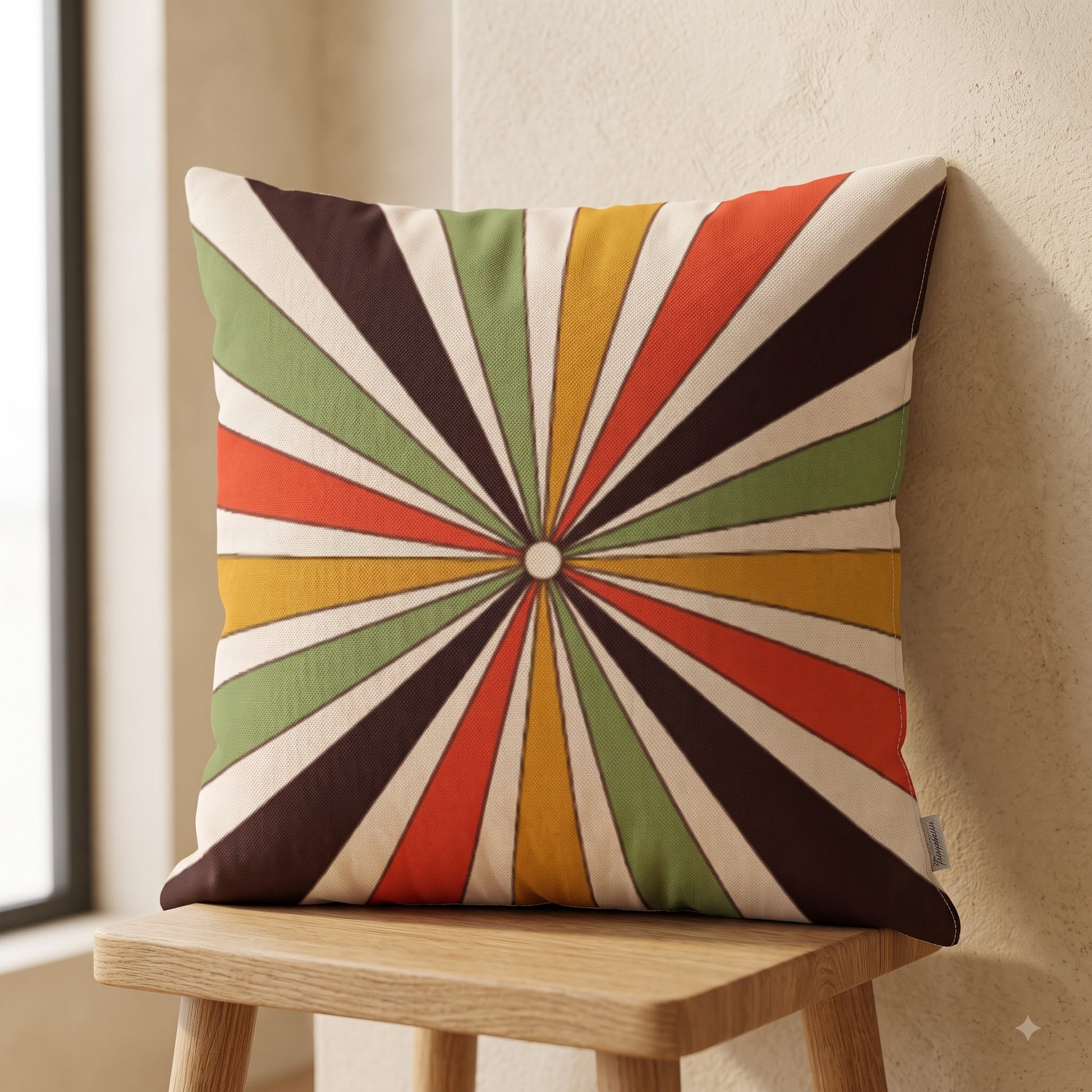 Sunray Pop geometric cushion cover with mustard green coral and brown sunburst pattern