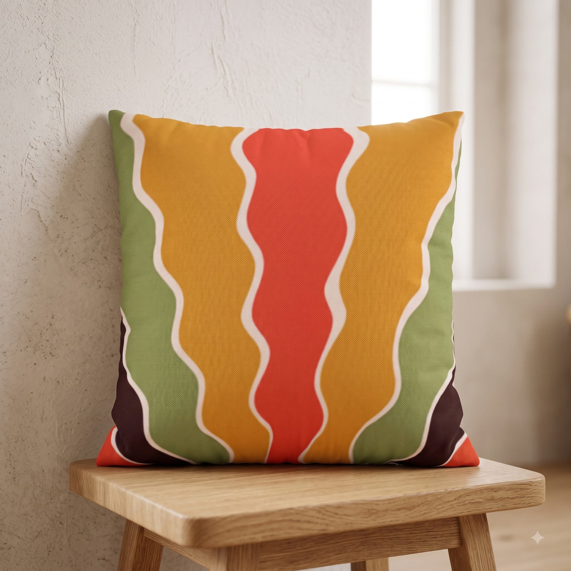 Sunset Ripple Flow cushion cover with coral mustard and olive wave pattern