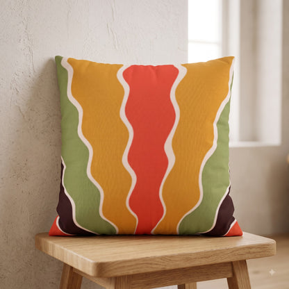Sunset Ripple Flow cushion cover with coral mustard and olive wave pattern