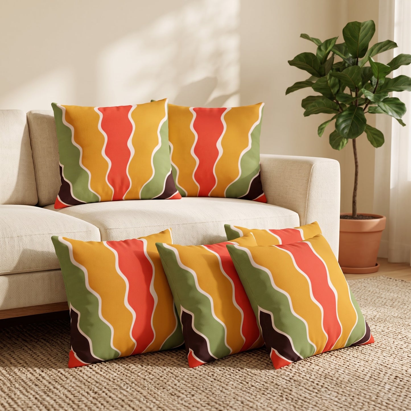 Five Sunset Ripple Flow cushion covers styled in a warm modern living room